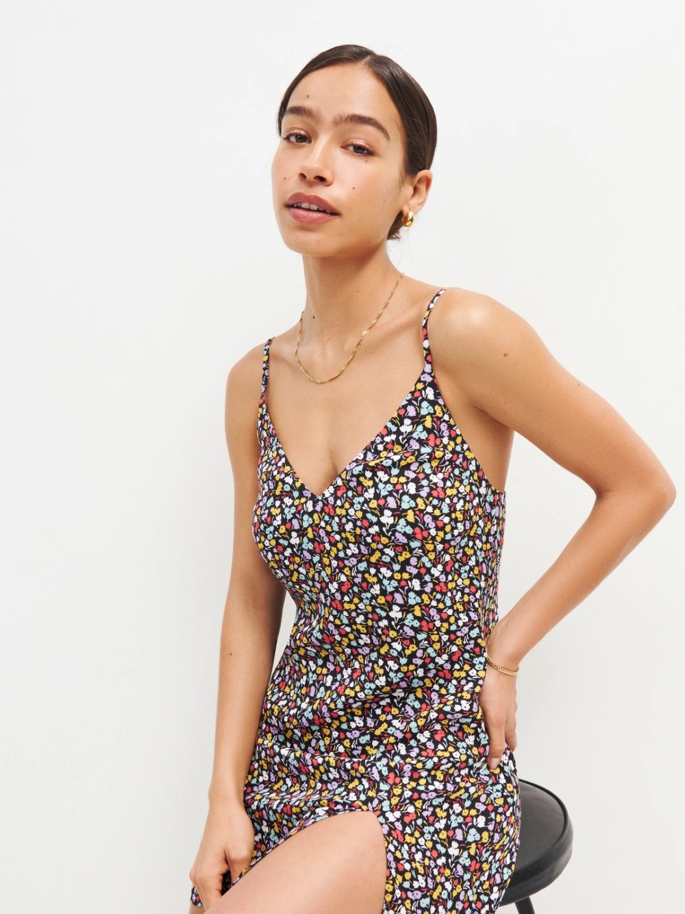 Reformation Black Floral Slip Mini Dress with Multicolor Print